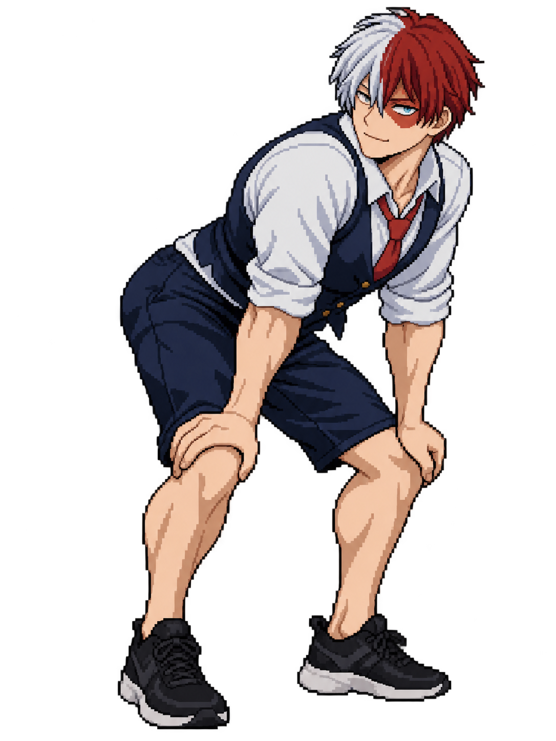Pixel-art Cented with split white and red hair, in a shirt, vest and navy shorts
